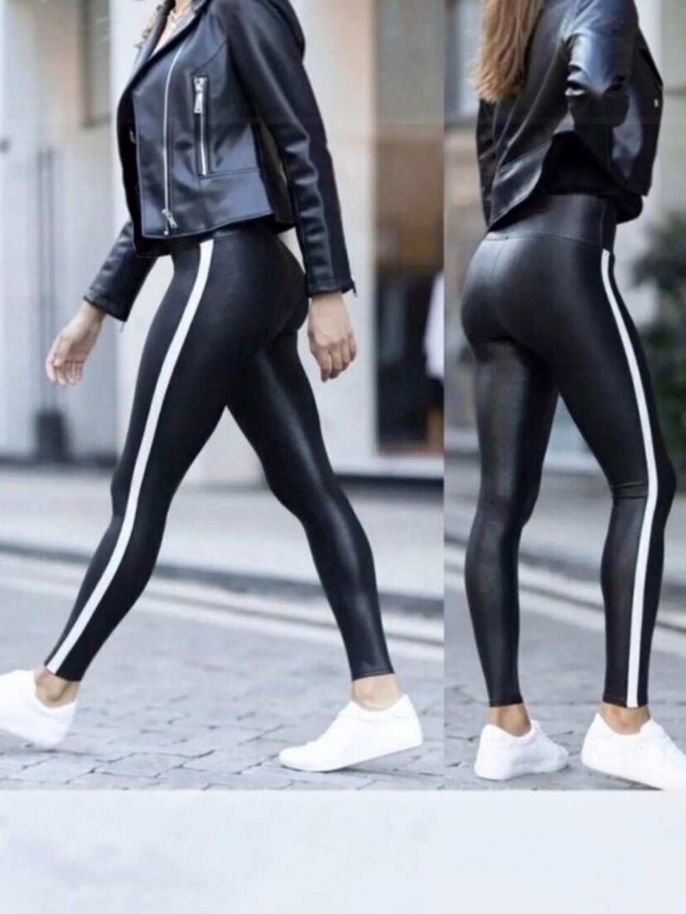 Spanx Black Faux-Leather Leggings with White Side Stripe S